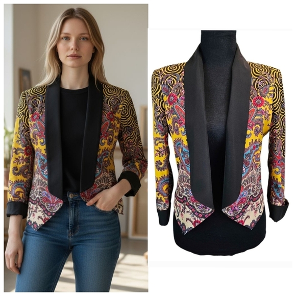 Bebe Vibrant Paisley Open Blazer Jacket Size XS Black Artsy Eclectic Boho - Picture 1 of 14